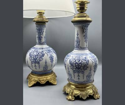 Gien. Earthenware Lamp, Berain-style Decor. +Louis XIV Style