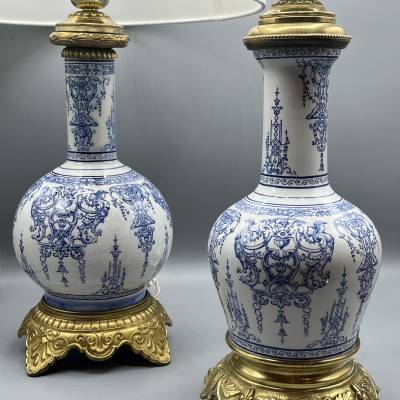 Gien. Earthenware Lamp, Berain-style Decor. +Louis XIV Style